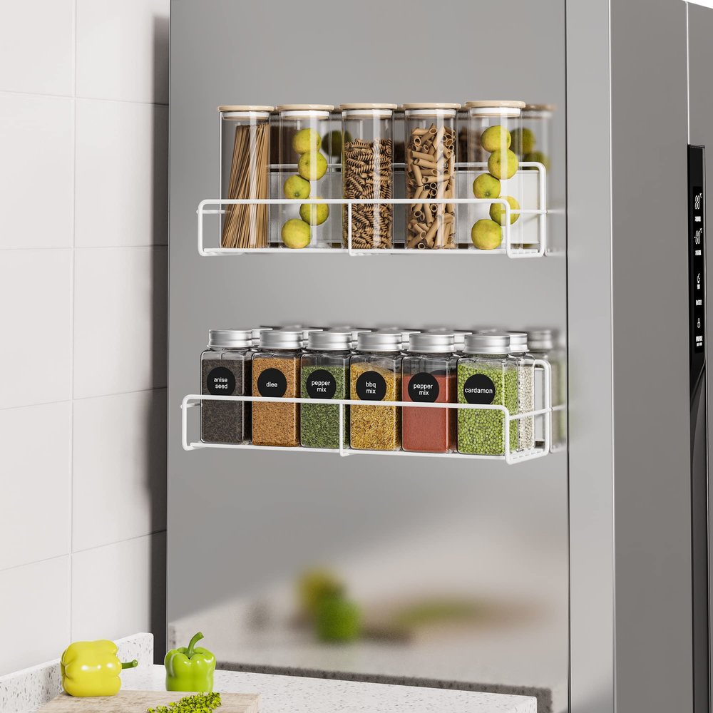 Mystozer 2 Pack Magnetic Spice Rack Organizer, Space Saver for Refrigerator and Whiteboard, Metal Fridge Shelf for Kitchen and Classroom Seasoning Organizer Seasoning Rack Condiment Organizer(White)