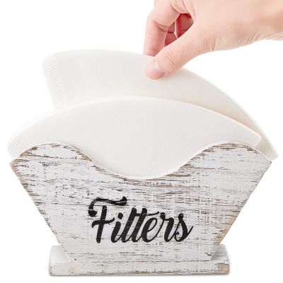 Juexica Farmhouse Cone Coffee Filter Holder Storage number 4 Rustic Wood Holder Organizer Counter Mount for Square Cone Shaped Flat Bottomed Paper(White)