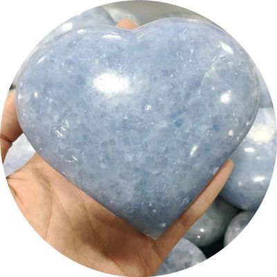 Natural Crystal Handmade Heart Polished Healing Blue Celestite Stone Hearts carvings 1PC (420g-470g)