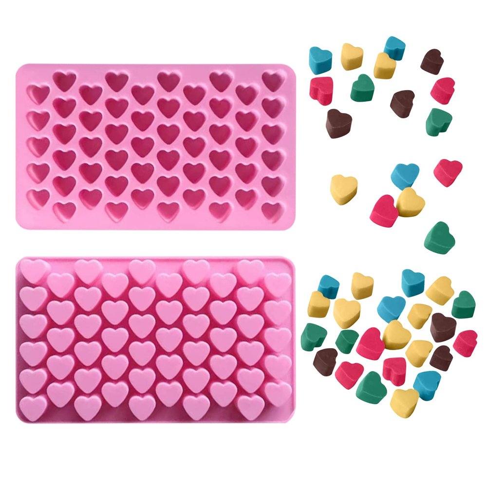 2 Pcs Mini Heart Silicone Molds - 55-cavity Chocolate Candy Cake Ice Cube Trays - Food-grade Silicone Molds - Mini Heart Shape for Party Wedding Jelly Baking (pink)