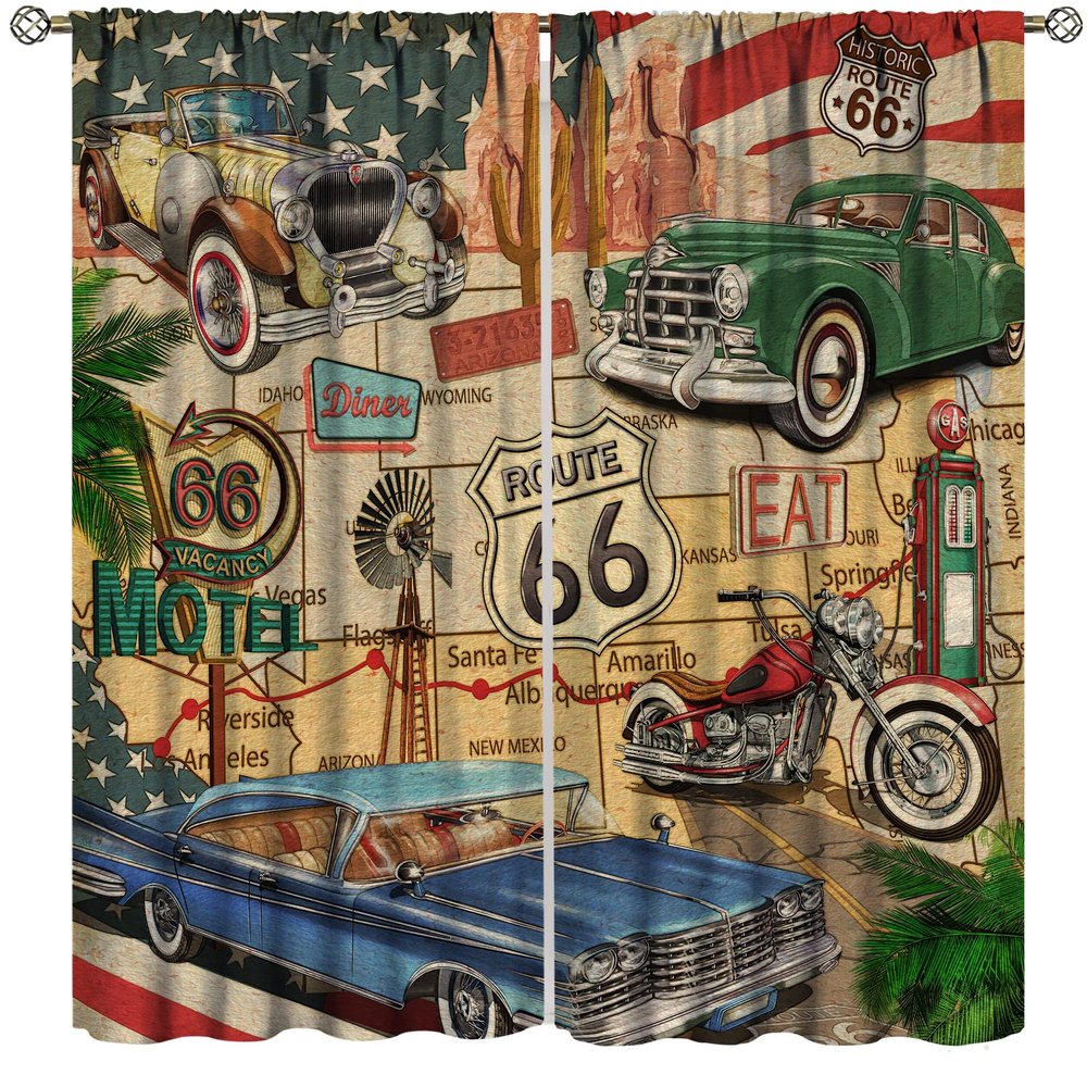 Antique Car Kitchen Blackout Curtain,Old Fashioned Classic Car Theme Teen Boys Bedroom, Living Room Curtain,2 Piece Set 42x45 Inch