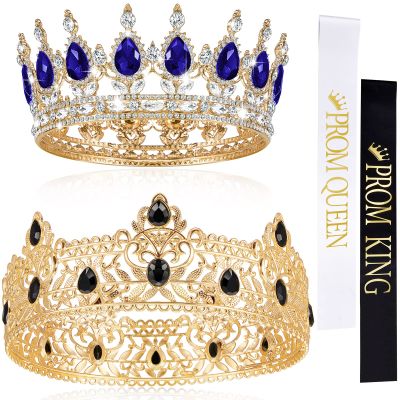 Juexica 4 Pieces Prom King and Queen Crowns Set with Sashes Valentine's Day Carnival Birthday Wedding Costume Accessories Gold King Crown for Men Women Prom(M,Royalblue and White Diamond)