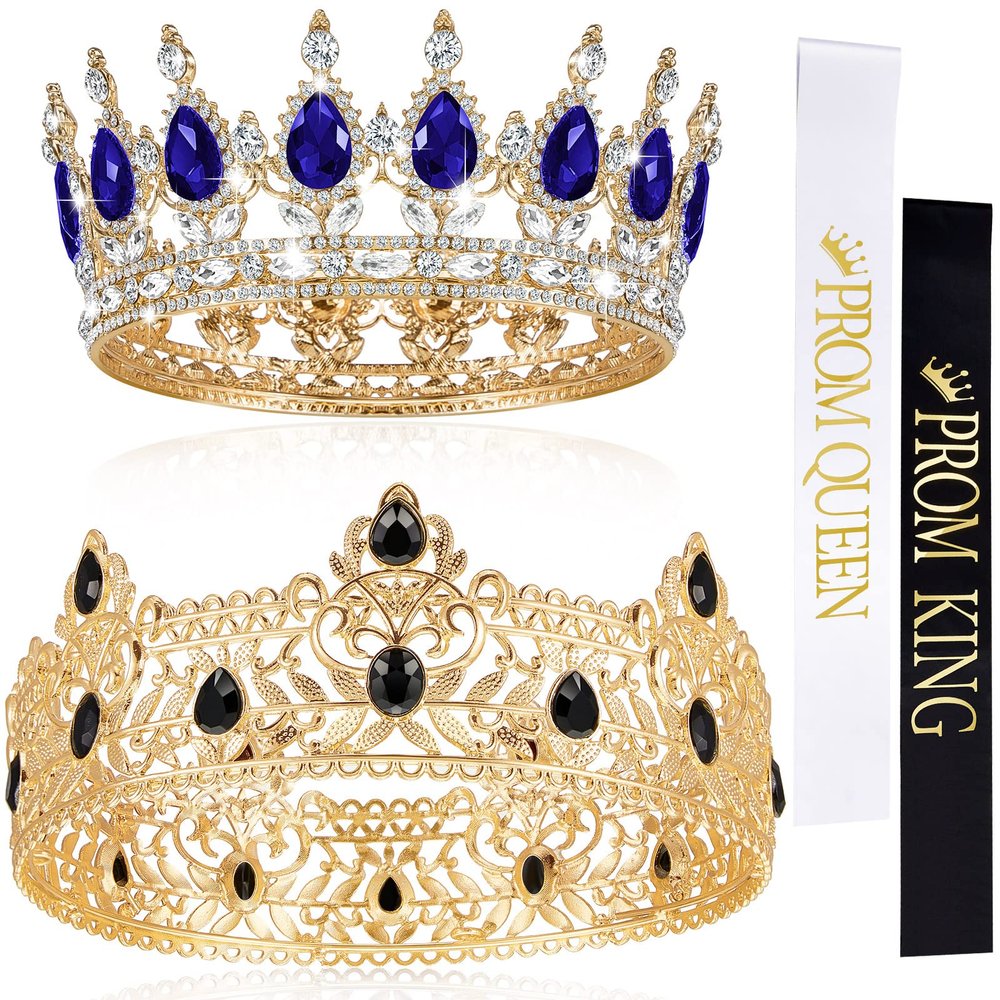 Juexica 4 Pieces Prom King and Queen Crowns Set with Sashes Valentine's Day Carnival Birthday Wedding Costume Accessories Gold King Crown for Men Women Prom(M,Royalblue and White Diamond)