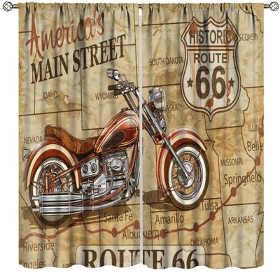 Retro Motorcycle Curtain,Retro Map Road Pattern Curtain Youth Bedroom Living Room Kitchen 42x45 Inch