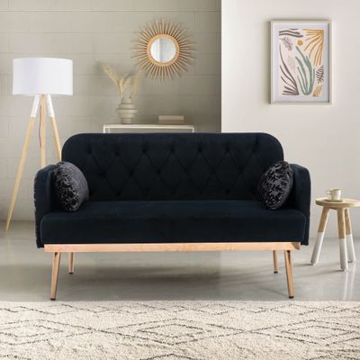 55" Accent Loveseat Sofa Couch, Mid Century Modern Velvet Fabric Couch with 2 Pillows and Metal Legs, 2-Seater Upholstered Mini Sofa Couches for Small Space, Living Room Apartments (Black)