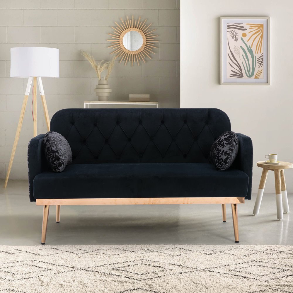 55" Accent Loveseat Sofa Couch, Mid Century Modern Velvet Fabric Couch with 2 Pillows and Metal Legs, 2-Seater Upholstered Mini Sofa Couches for Small Space, Living Room Apartments (Black)