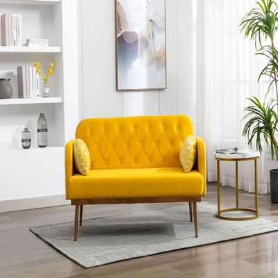 55" Accent Loveseat Sofa Couch, Mid Century Modern Velvet Fabric Couch with 2 Pillows and Metal Legs, 2-Seater Upholstered Mini Sofa Couches for Small Space, Living Room Apartments (Yellow)