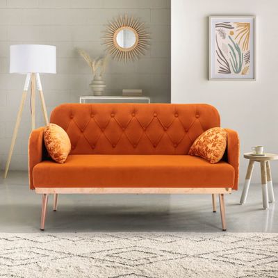 55" Accent Loveseat Sofa Couch, Mid Century Modern Velvet Fabric Couch with 2 Pillows and Metal Legs, 2-Seater Upholstered Mini Sofa Couches for Small Space, Living Room Apartments (Orange)