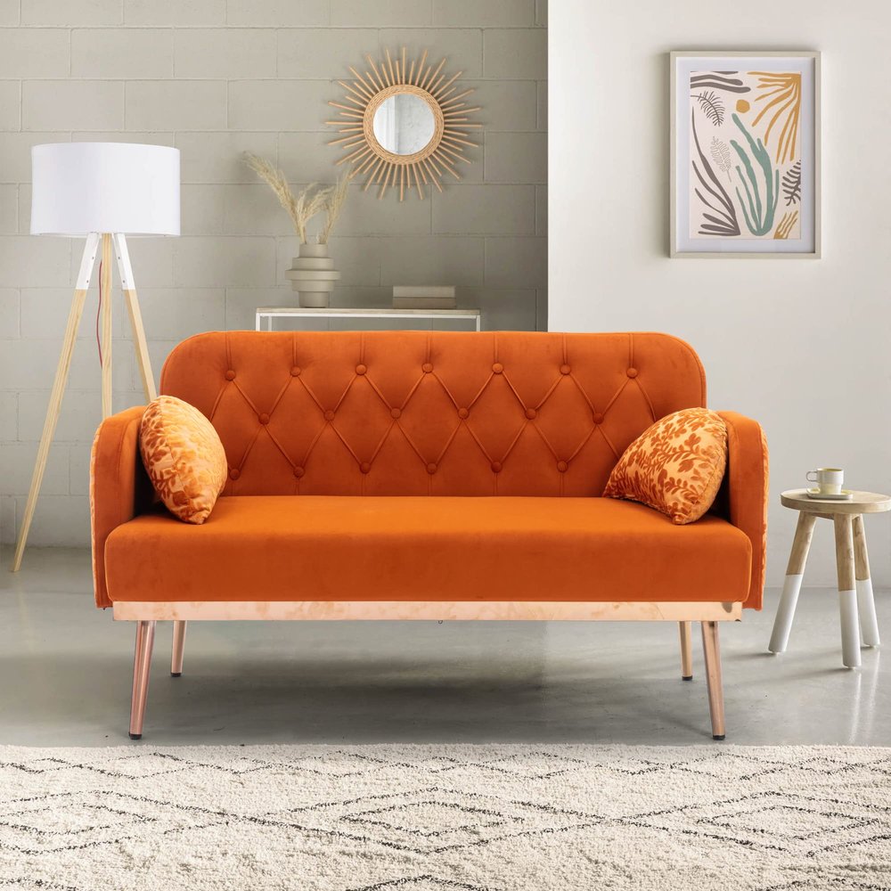 55" Accent Loveseat Sofa Couch, Mid Century Modern Velvet Fabric Couch with 2 Pillows and Metal Legs, 2-Seater Upholstered Mini Sofa Couches for Small Space, Living Room Apartments (Orange)