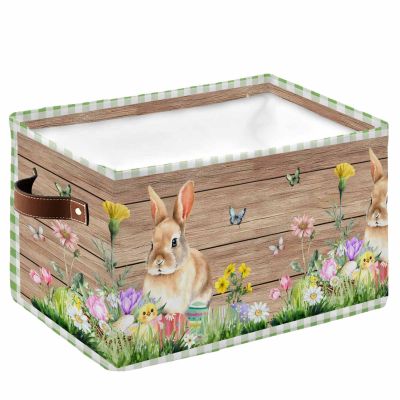 Large Storage Baskets Bins Easter Bunny Collapsible Storage Box Laundry Organizer for Closet Shelf Nursery Kids Bedroom Watecolor Eggs Flower Chicken Wood Green Plaid