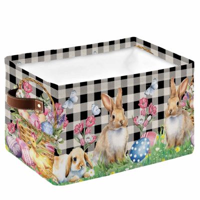Large Storage Baskets Bins Happy Easter Collapsible Storage Box Laundry Organizer for Closet Shelf Nursery Kids Bedroom Spring Bunny Easter Basket Eggs Vintage Black Plaid