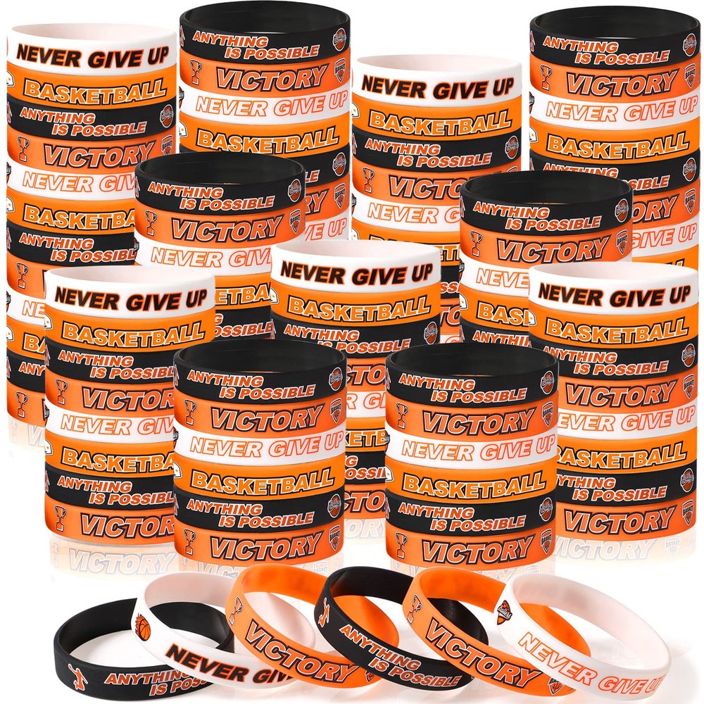 Aoriher 100 Pieces Basketball Silicone Bracelet Gifts Bulk Basketball Party Favor Motivational Rubber Wristband Inspirational Rubber Bracelet Gift for Boys Girls Kids Teenagers Club Team Awards Gifts