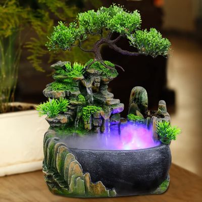 Desktop Feng Shui Waterfall, LED Light Waterfall Indoor Rockery Fountain Rockery Ornaments Atomizing Water Fountain Atomizing Desktop Humidifier Suitable for Living Room, Bedroom, Office