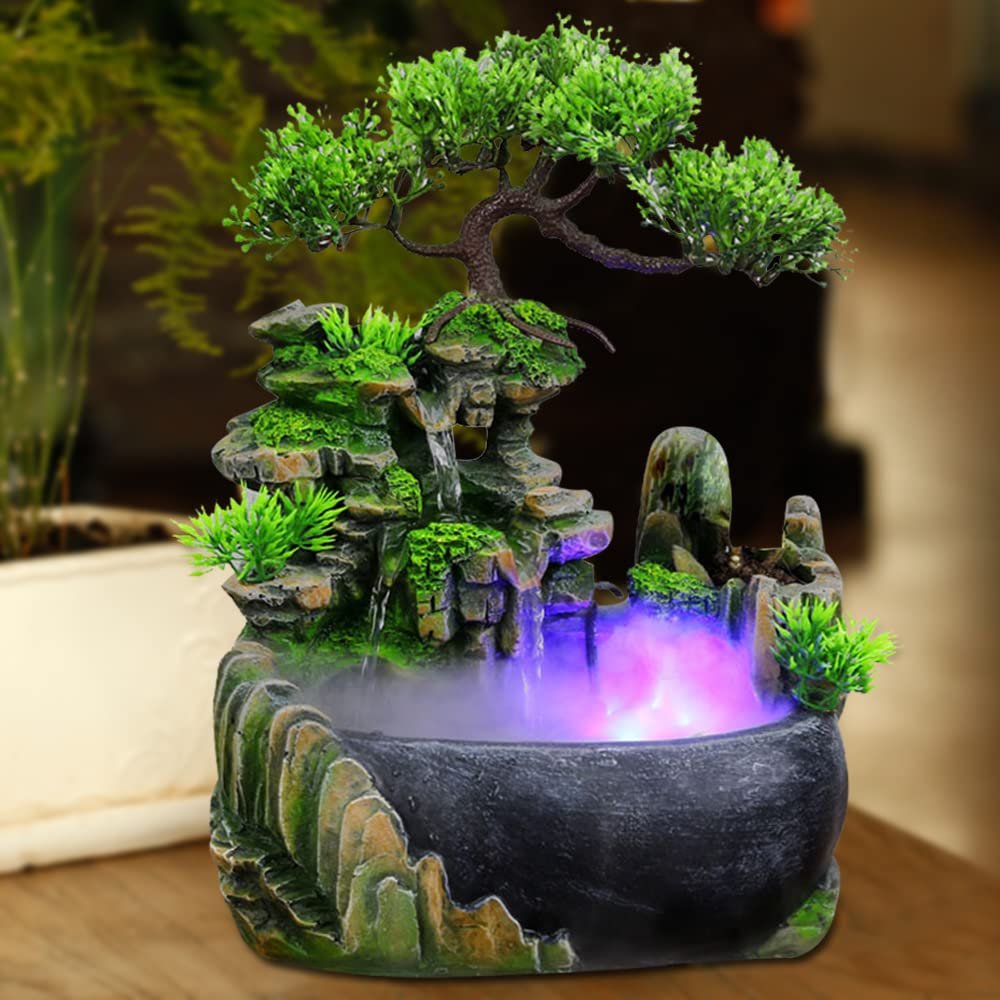 Desktop Feng Shui Waterfall, LED Light Waterfall Indoor Rockery Fountain Rockery Ornaments Atomizing Water Fountain Atomizing Desktop Humidifier Suitable for Living Room, Bedroom, Office