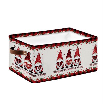 Large Storage Baskets Bins Valentine's Gnomes Collapsible Storage Box Laundry Organizer for Closet Shelf Nursery Kids Bedroom Gnomes I Love U Roses Petals Red Plaid Lace