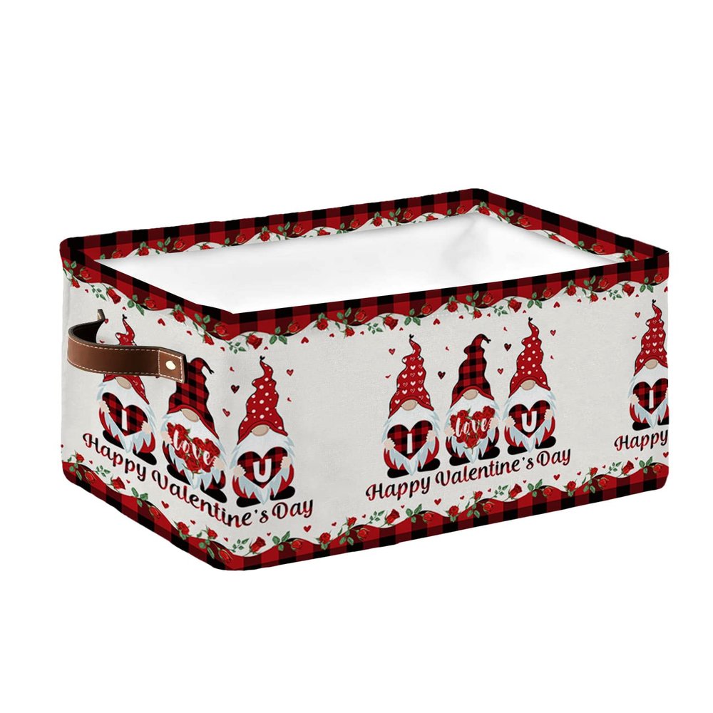 Large Storage Baskets Bins Valentine's Gnomes Collapsible Storage Box Laundry Organizer for Closet Shelf Nursery Kids Bedroom Gnomes I Love U Roses Petals Red Plaid Lace