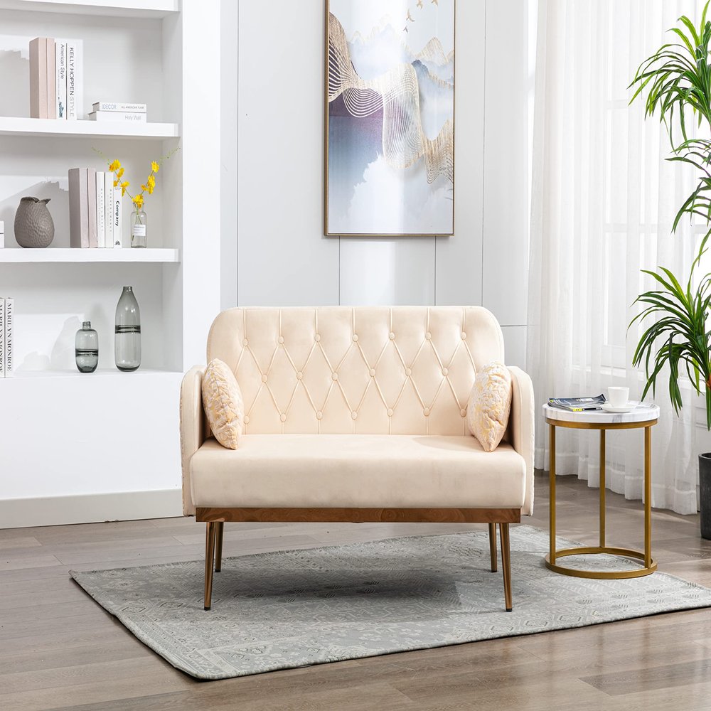55" Accent Loveseat Sofa Couch, Mid Century Modern Velvet Fabric Couch with 2 Pillows and Metal Legs, 2-Seater Upholstered Mini Sofa Couches for Small Space, Living Room Apartments (Beige)