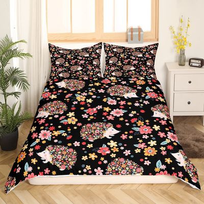 Hedgehogs Kids Duvet Cover Set Queen Size,Watercolor Flowers Plants Retro Bedding Set,Girls Boys Adults Bedroom Decor,Wild Anmals Cartoon Comforter Cover,Colorful Bright Quilt Cover,2 Pillowcases