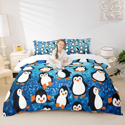 Cartoon Penguins Kids Duvet Cover Set Queen Size,Cute Arctic Pole Animals Bedding Set,Girls Boys Adults Bedroom Decor,Starry Sky Dots Glitter Comforter Cover,Blue Romantic Quilt Cover,2 Pillowcases