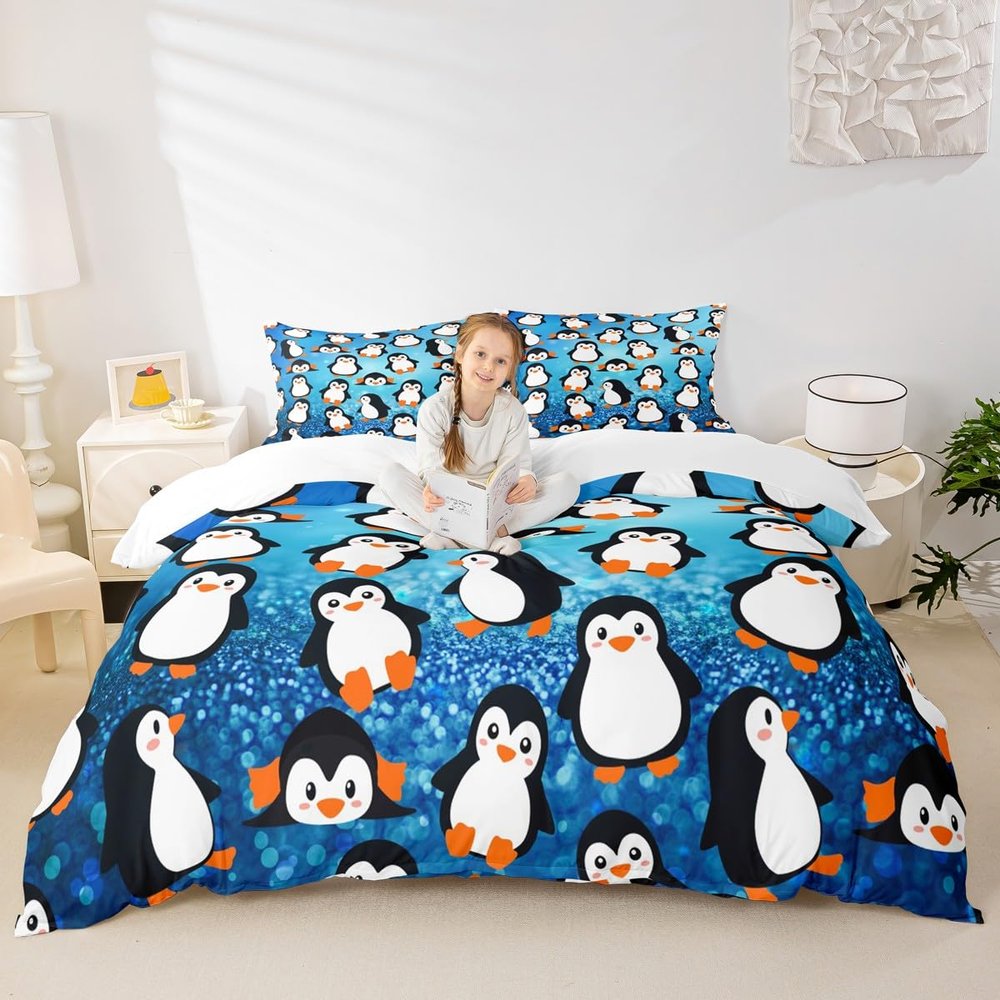 Cartoon Penguins Kids Duvet Cover Set Queen Size,Cute Arctic Pole Animals Bedding Set,Girls Boys Adults Bedroom Decor,Starry Sky Dots Glitter Comforter Cover,Blue Romantic Quilt Cover,2 Pillowcases