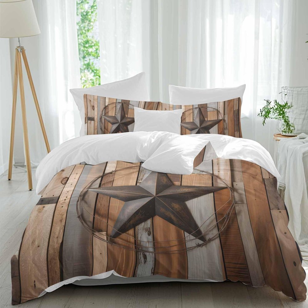 TocaHome 3pcs Soft Duvet Covers Queen Size,Western Texas Star on Rustic Brown Wooden Grain Washed Microfiber Comforter Cover Set with Corner Ties(1 Duvet Cover+2 Pillowcases)