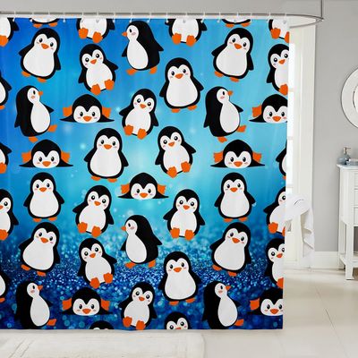 Cartoon Penguins Kids Shower Curtains,Cute Arctic Pole Animals Bathroom Curtains for Girls Boys Bedroom,Starry Sky Dots Glitter Blue Romantic Waterproof Curtains,12 Hooks Suits,72" W x 78" L