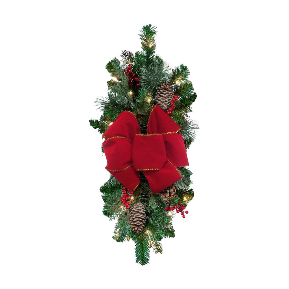 MEUMITY Prelit Stairway Christmas Teardrop Swag,17 Inch Cordless Prelit Stairs Swag Trim with Artificial Pine Cone Berry Door Hanging Ornaments for Home Christmas Decorations