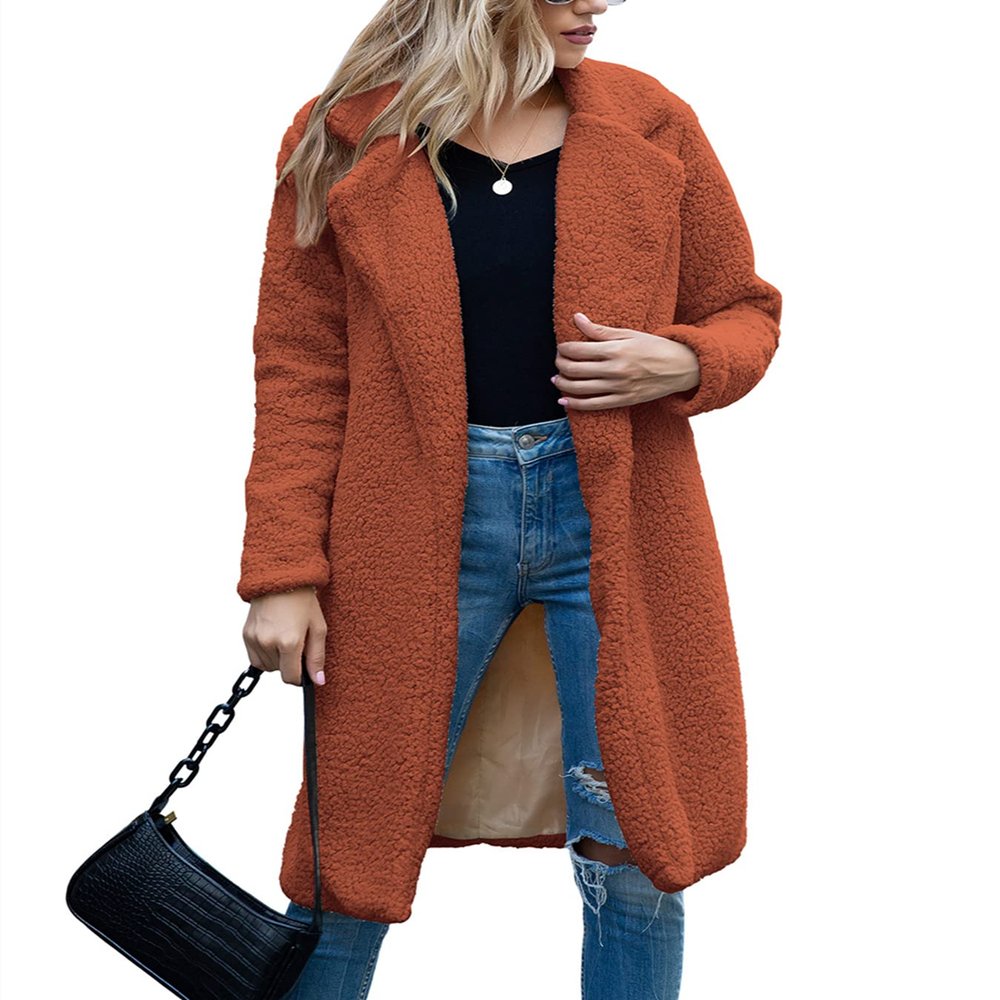 HINDOLA Womens Fluffy Faux Fur Solid Jacket Female Sherpa Long Sleeve Fashion Coat Winter Lapel Open Front Overcoat