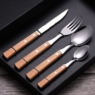 Wood Silverware Set 24 Piece Cutlery Set for 6 Premium 18/10 Stainless Steel Flatware Sets Wooden Handle Include Knifes Teaspoons Forks and Spoons Kitchen Hotel Tableware Utensils Wood Color