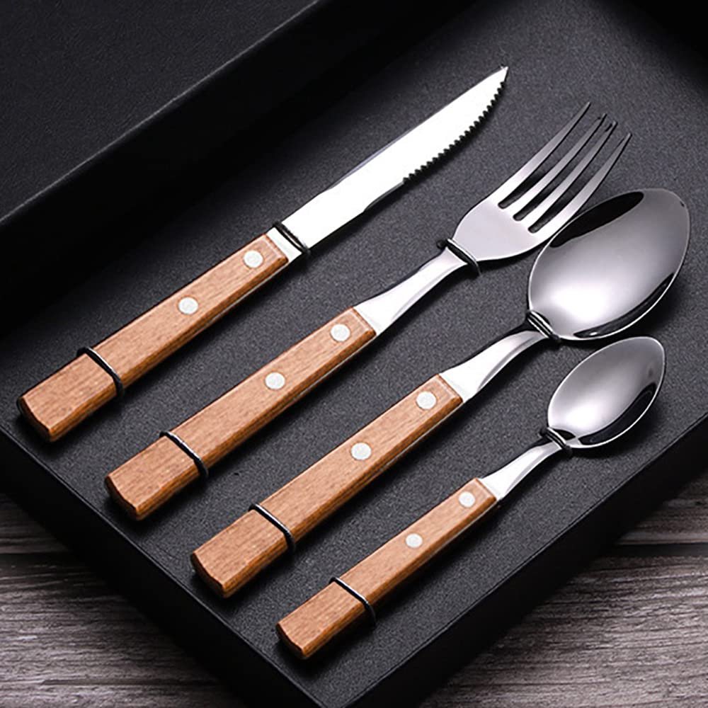 Wood Silverware Set 24 Piece Cutlery Set for 6 Premium 18/10 Stainless Steel Flatware Sets Wooden Handle Include Knifes Teaspoons Forks and Spoons Kitchen Hotel Tableware Utensils Wood Color