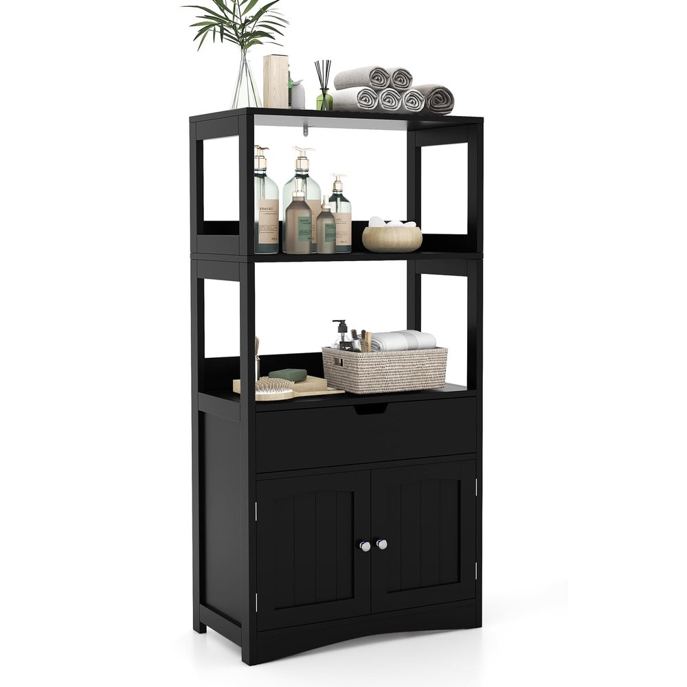 MAT EXPERT 48 Storage Cabinet, Kitchen Pantry Cabinet w/ 2 Open Shelves, Drawer and Door Cupboard, Multipurpose Bathroom Storage Cabinet for Living Room, Dining Room, Office
