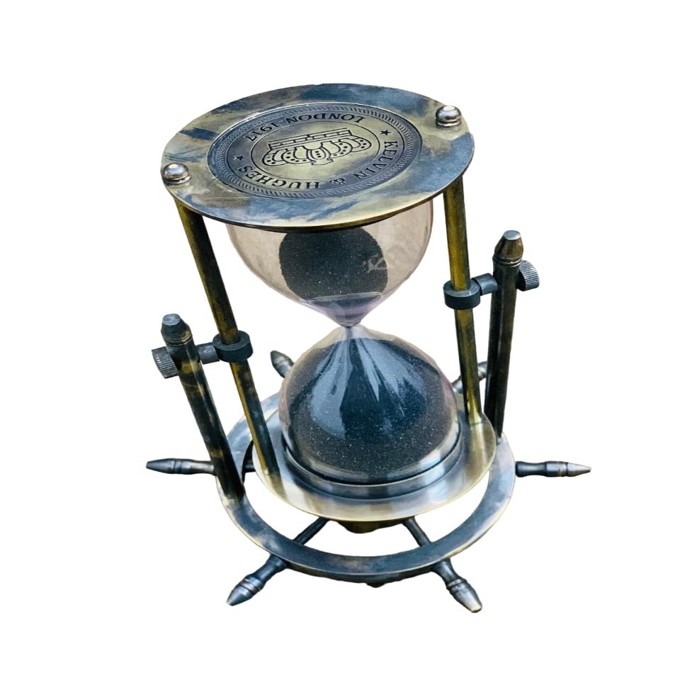 Maritime Antique Brass Sand Timer, Nautical Black Sand Hourglass with Wheel Compass 5 Mint Clock Base Hanging Collectible Gift