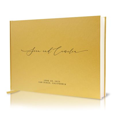 MUUJEE Personalized Guestbook in Gold - Premium Custom Modern Guest Book for Wedding Reception, Birthday Party or Events w/Bookmark Blank Pages for Signing 11.5 x 8.5 inches