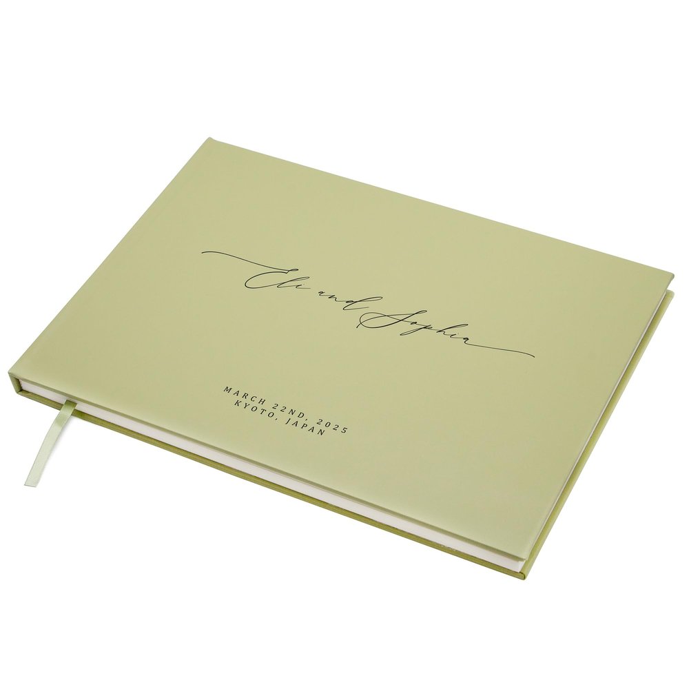 MUUJEE Personalized Guestbook in Sage - Premium Custom Modern Guest Book for Wedding Reception, Birthday Party or Events w/Bookmark Blank Pages for Signing 11.5 x 8.5 inches