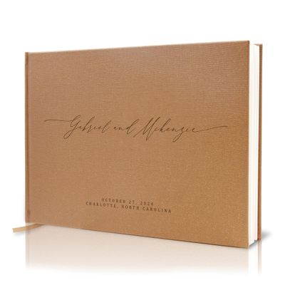 MUUJEE Personalized Guestbook in Bronze Shimmer - Premium Custom Modern Guest Book for Wedding Reception, Birthday Party or Events w/Bookmark Blank Pages for Signing 11.5 x 8.5 inches
