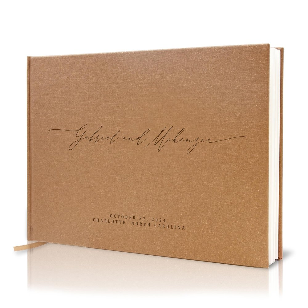MUUJEE Personalized Guestbook in Bronze Shimmer - Premium Custom Modern Guest Book for Wedding Reception, Birthday Party or Events w/Bookmark Blank Pages for Signing 11.5 x 8.5 inches