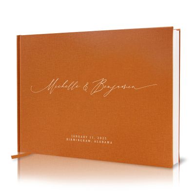 MUUJEE Personalized Guestbook in Terracotta - Premium Custom Modern Guest Book for Wedding Reception, Birthday Party or Events w/Bookmark Blank Pages for Signing 11.5 x 8.5 inches