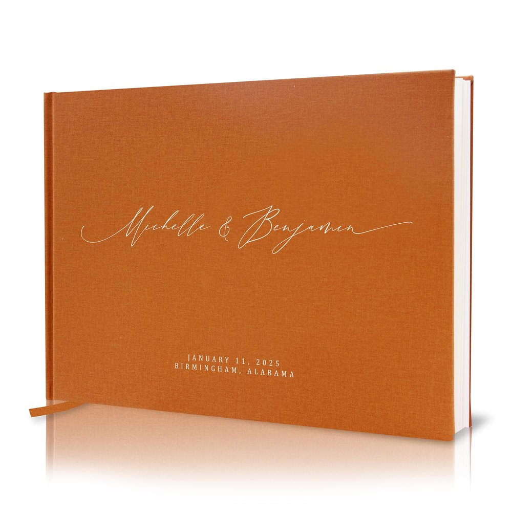 MUUJEE Personalized Guestbook in Terracotta - Premium Custom Modern Guest Book for Wedding Reception, Birthday Party or Events w/Bookmark Blank Pages for Signing 11.5 x 8.5 inches