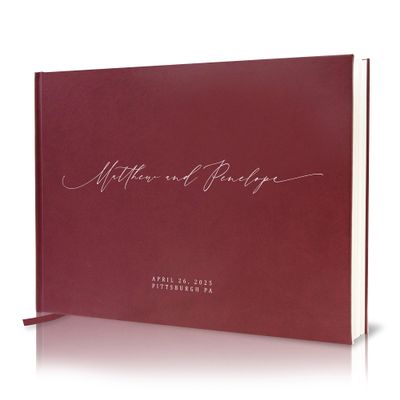 MUUJEE Personalized Guestbook in Wine - Premium Custom Modern Guest Book for Wedding Reception, Birthday Party or Events w/Bookmark Blank Pages for Signing 11.5 x 8.5 inches
