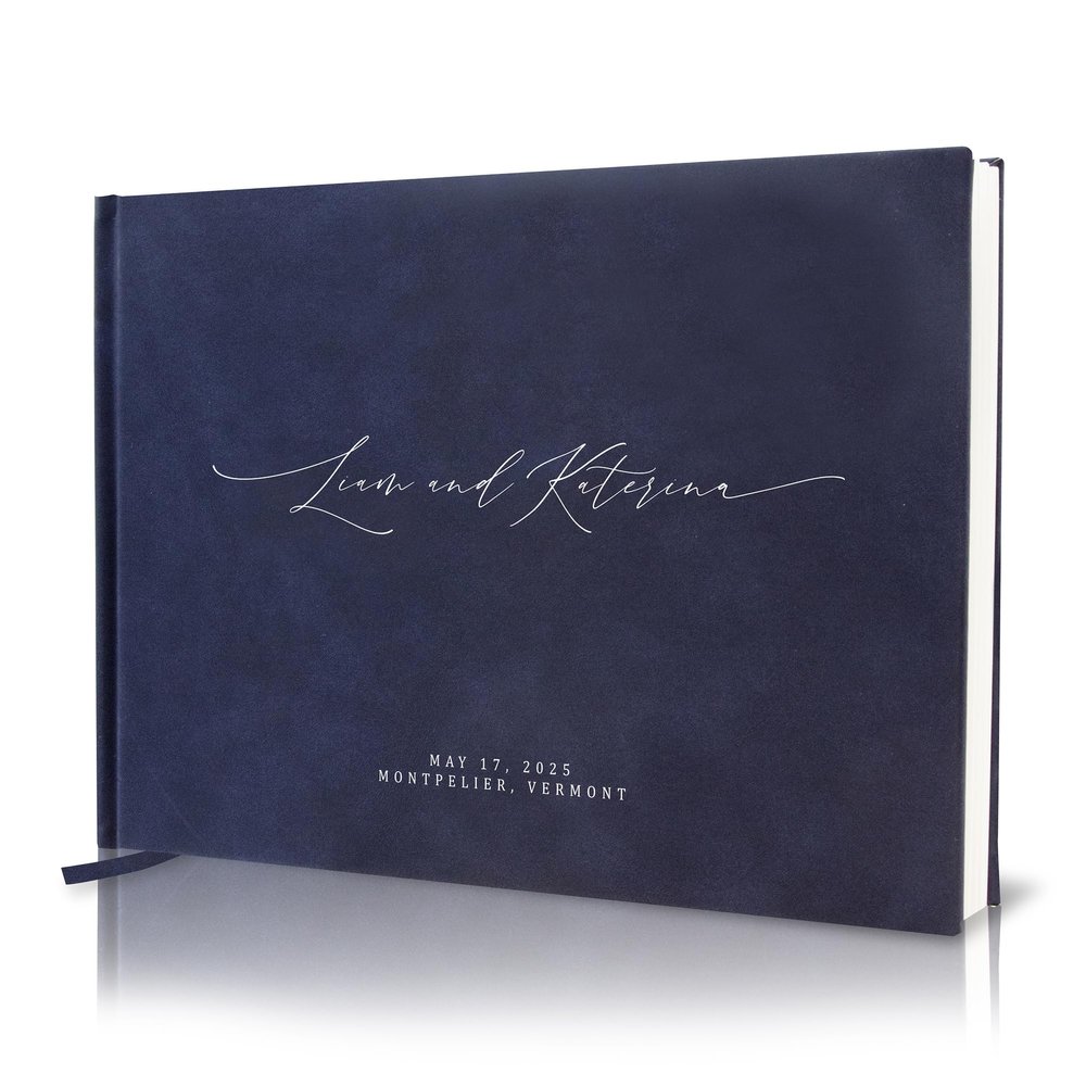 MUUJEE Personalized Guestbook in Navy - Premium Custom Modern Guest Book for Wedding Reception, Birthday Party or Events w/Bookmark Blank Pages for Signing 11.5 x 8.5 inches