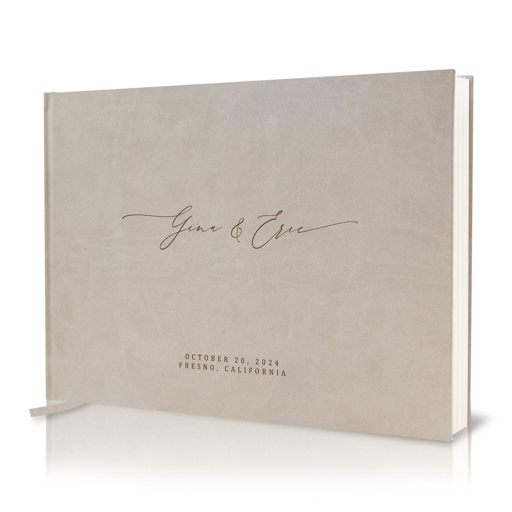 MUUJEE Personalized Guestbook in Taupe - Premium Custom Modern Guest Book for Wedding Reception, Birthday Party or Events w/Bookmark Blank Pages for Signing 11.5 x 8.5 inches