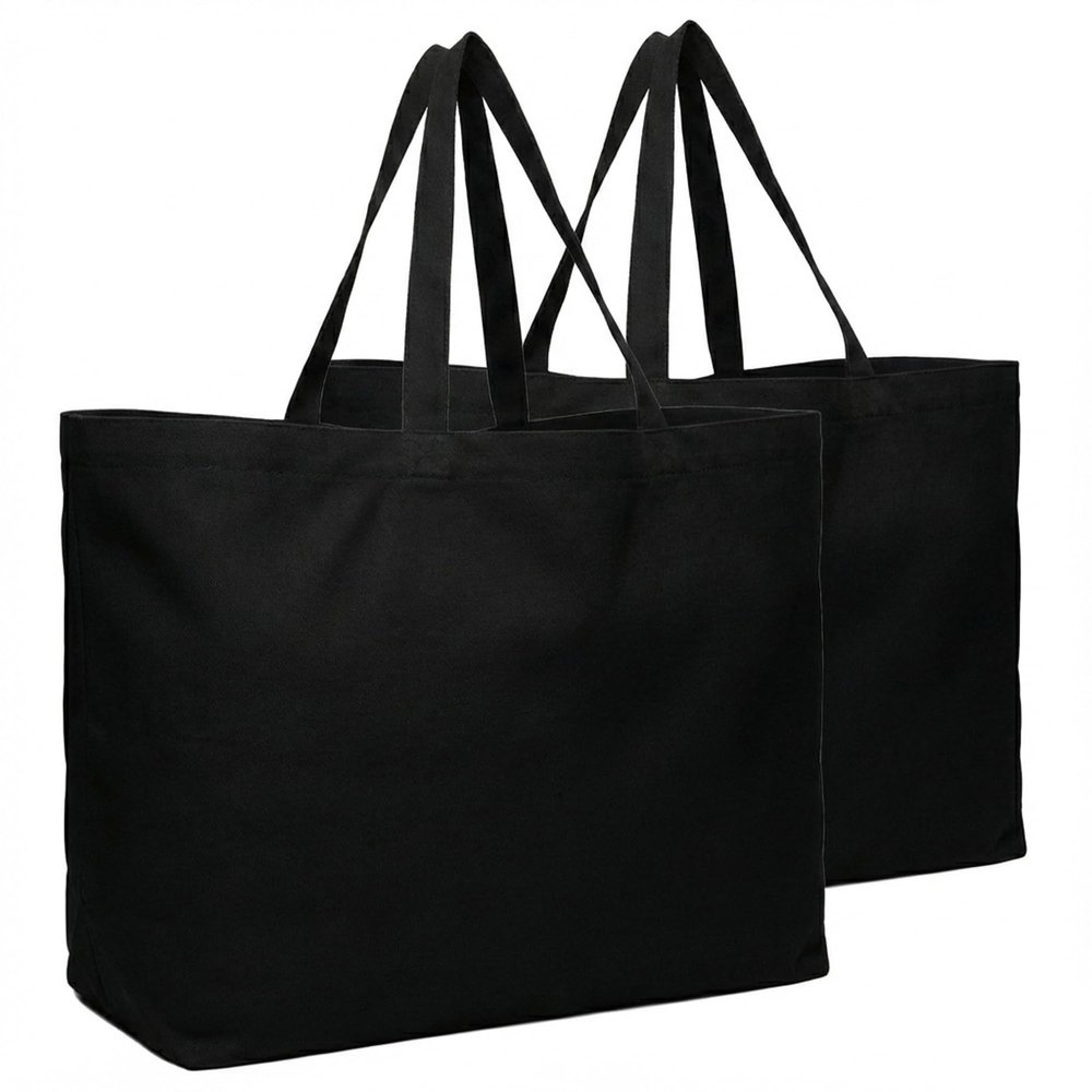 BasicList Extra Large Canvas Tote Bag - Big Reusable Grocery Shopping Heavy Duty Foldable, Black/Black, (pack of 2)
