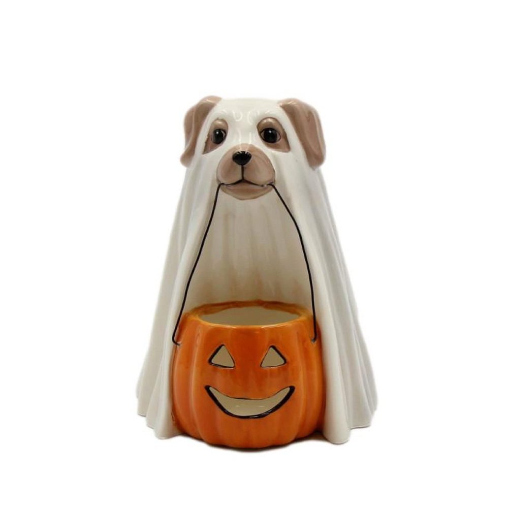 Cosmos Gifts 21020 Ghost Dog Holding Pumpkin Tealight Holder 4 7/8" X 4 5/8" X 6 3/8" H