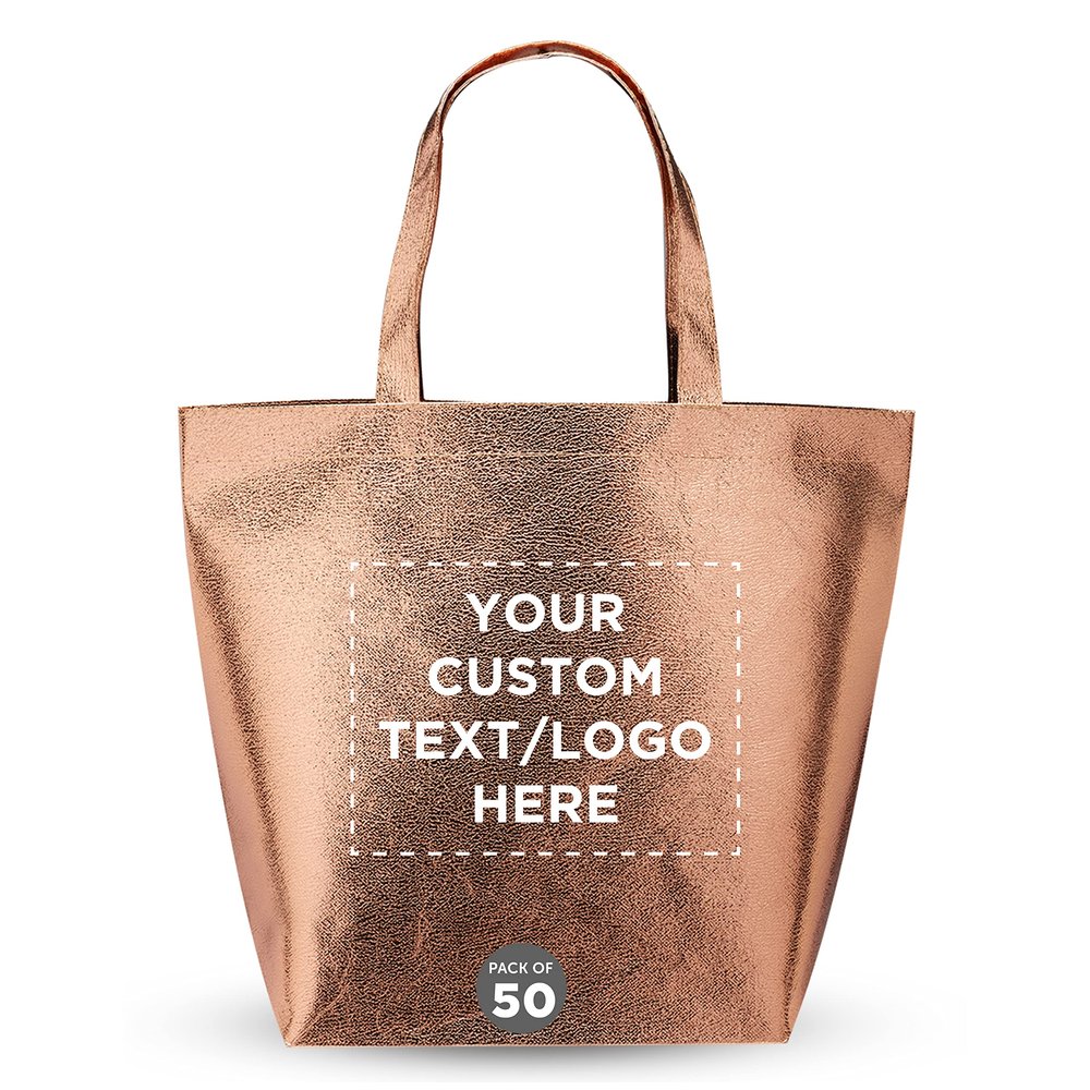 DISCOUNT PROMOS Custom New Castle Non-woven Metallic Tote Bags Set of 50, Personalized Bulk Pack - Cool Modern Design, Perfect For Everyday Use - Rose Gold