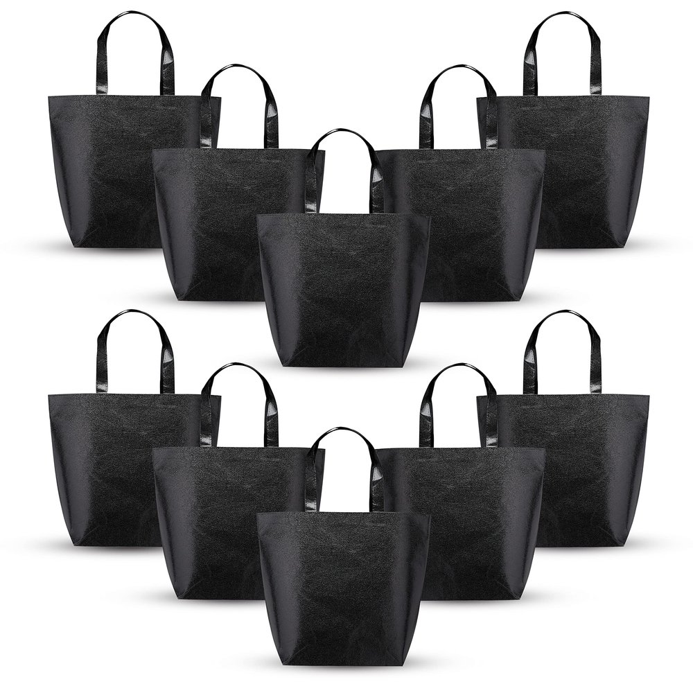 DISCOUNT PROMOS New Castle Non-woven Metallic Tote Bags Set of 10, Bulk Pack - Cool Modern Design, Perfect For Everyday Use - Black