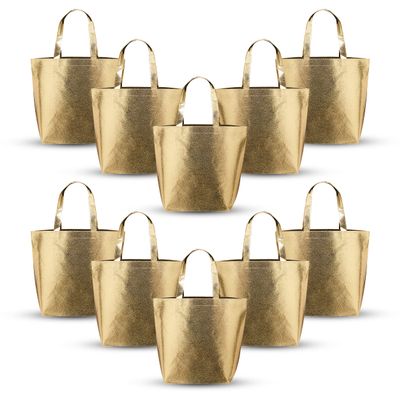 DISCOUNT PROMOS New Castle Non-woven Metallic Tote Bags Set of 10, Bulk Pack - Cool Modern Design, Perfect For Everyday Use - Gold