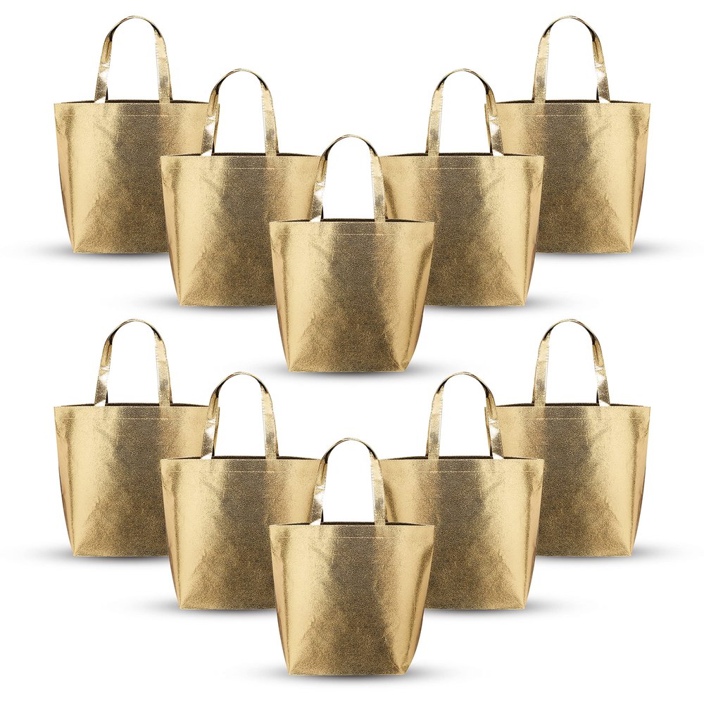 DISCOUNT PROMOS New Castle Non-woven Metallic Tote Bags Set of 10, Bulk Pack - Cool Modern Design, Perfect For Everyday Use - Gold