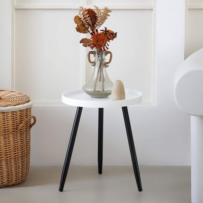 Milton Greens Stars Round Side 18" H x 15D Accent Table Nightstand Coffee Wooden Tray with Black Metal Stand End for Living Bedroom Office Small Spaces, White Table & Black Legs