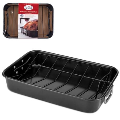 Alpine Cuisine Turkey Roaster Pan with Rack 16-Inch - Nonstick Coating Carbon Steel Pan - Black & Heavy Duty Roasting Pan - Easy to Clean, Multipurpose Use - Durable & Dishwasher Safe