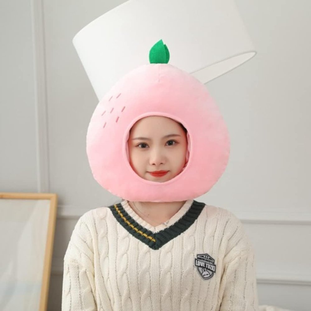 HIPIHOM Plush Fruit Headgear Hat Funny Novelty Hat Sleeping Pillow Toy Stuffed Cap Photo Props Warm Cosplay Costume Head Accessories Adult (Peach)